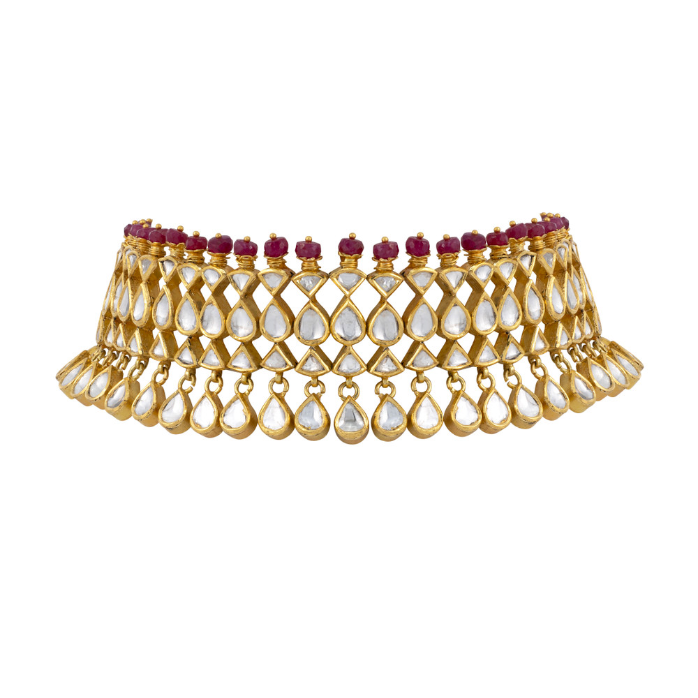 Polki Choker with Red Beaded Fungar and Teardrop Drops